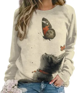Sweatshirt for Women Cute Cat Print Crewneck Casual Vacation Cotton Fashion Funny Winter Oversized Sweaters