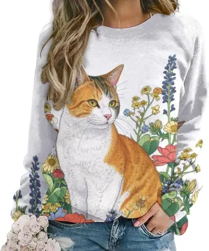 Sweatshirt for Women Cute Cat Print Crewneck Casual Vacation Cotton Fashion Funny Winter Oversized Sweaters