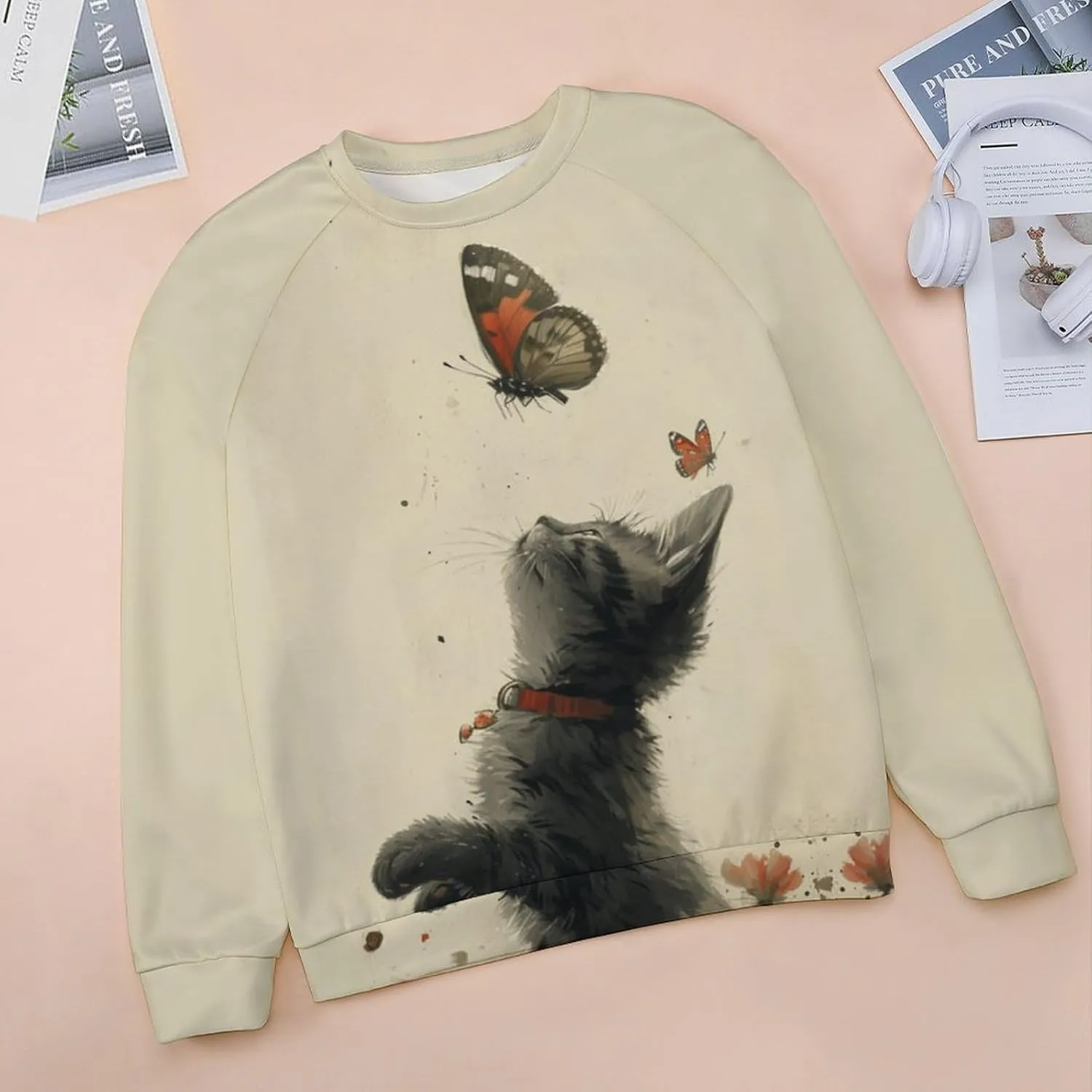 Sweatshirt for Women Cute Cat Print Crewneck Casual Vacation Cotton Fashion Funny Winter Oversized Sweaters