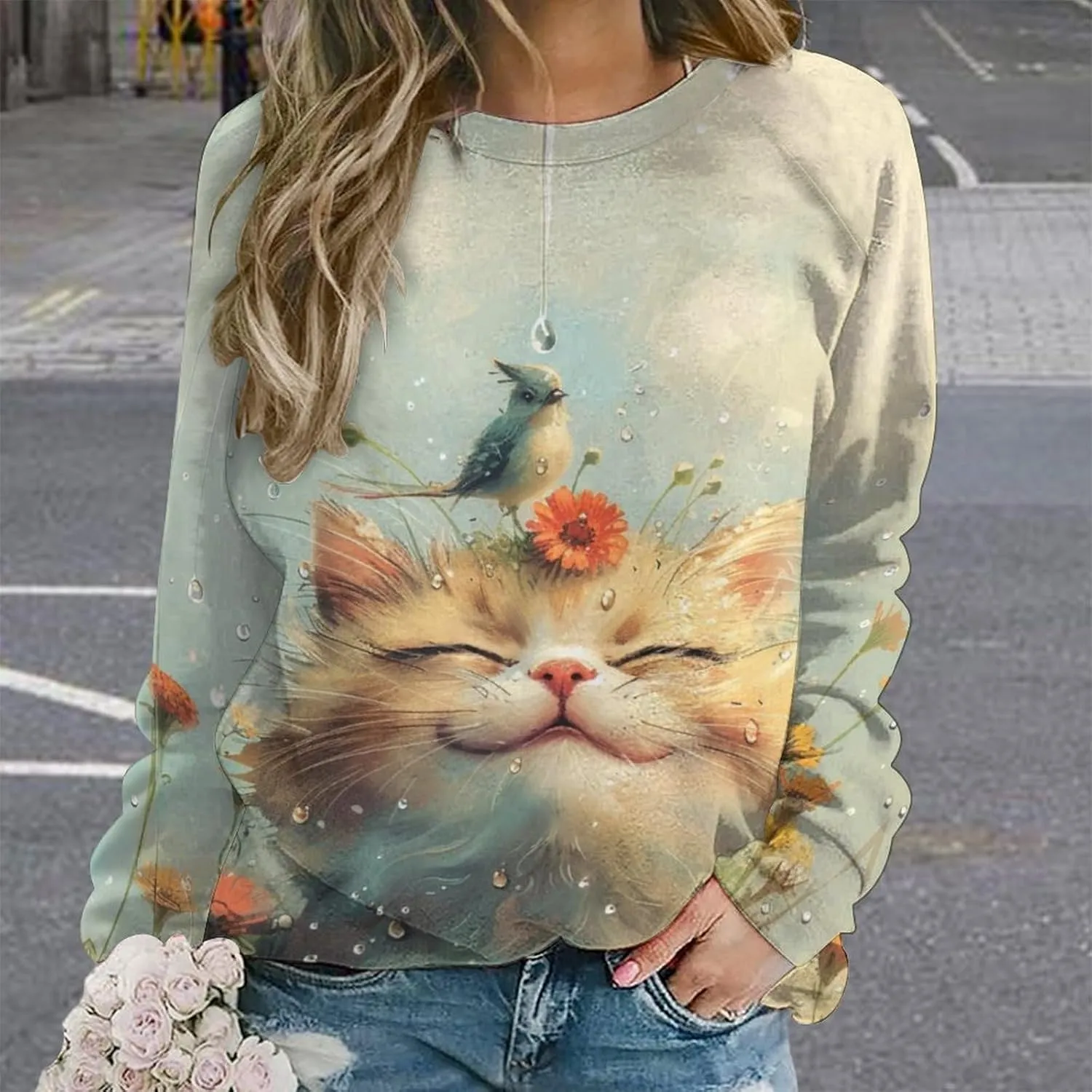 Sweatshirt for Women Cute Cat Print Crewneck Casual Vacation Cotton Fashion Funny Winter Oversized Sweaters