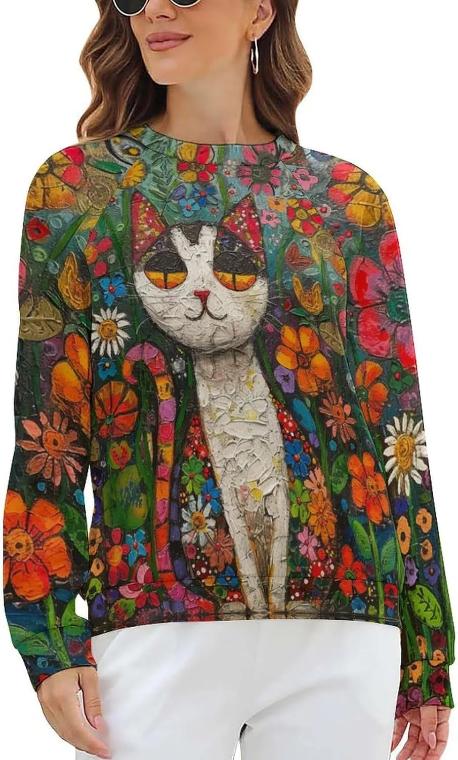 Sweatshirt for Women Cute Cat Print Crewneck Casual Vacation Cotton Fashion Funny Winter Oversized Sweaters