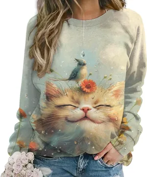 Sweatshirt for Women Cute Cat Print Crewneck Casual Vacation Cotton Fashion Funny Winter Oversized Sweaters