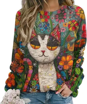 Sweatshirt for Women Cute Cat Print Crewneck Casual Vacation Cotton Fashion Funny Winter Oversized Sweaters