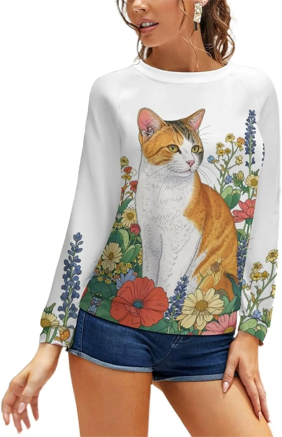 Sweatshirt for Women Cute Cat Print Crewneck Casual Vacation Cotton Fashion Funny Winter Oversized Sweaters