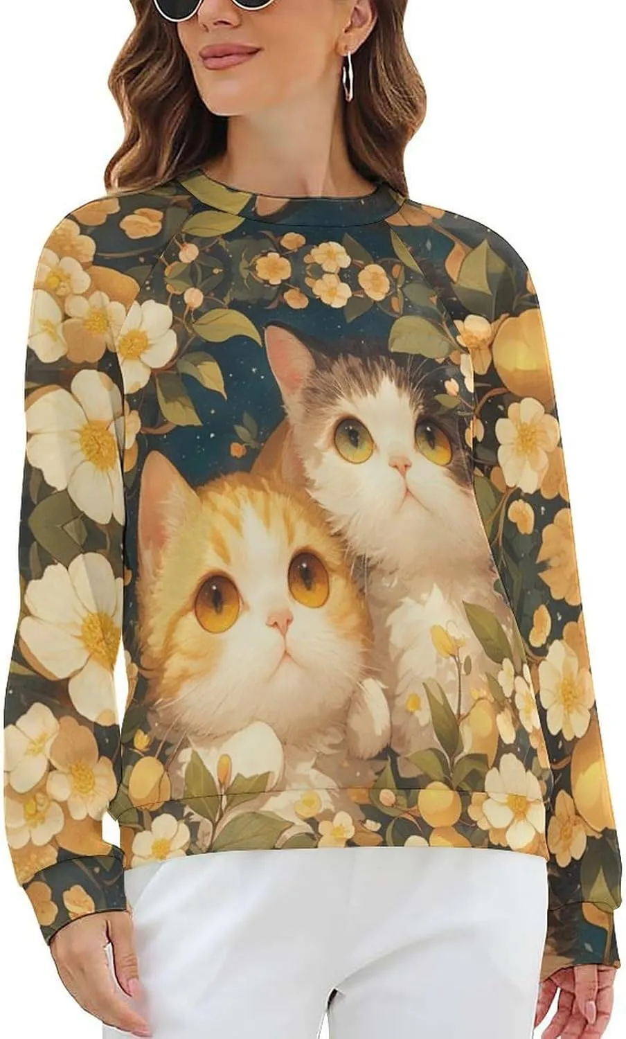 Sweatshirt for Women Cute Cat Print Crewneck Casual Vacation Cotton Fashion Funny Winter Oversized Sweaters
