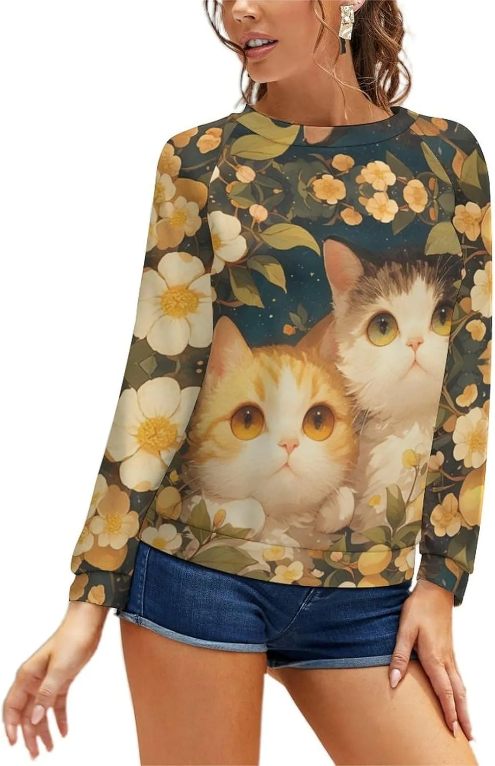 Sweatshirt for Women Cute Cat Print Crewneck Casual Vacation Cotton Fashion Funny Winter Oversized Sweaters