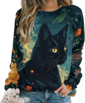 Sweatshirt for Women Cute Cat Print Crewneck Casual Vacation Cotton Fashion Funny Winter Oversized Sweaters