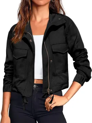 Tankaneo Womens Casual Jackets Cropped Long Sleeve Zip Up Lightweight Coat with Pockets
