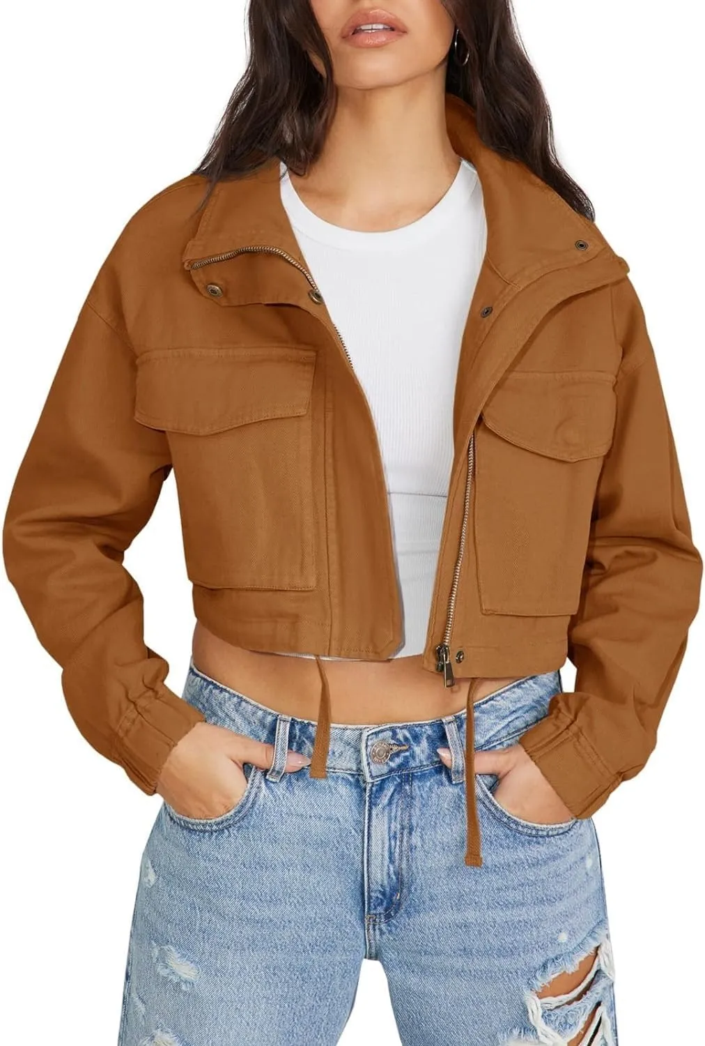 Tankaneo Womens Casual Jackets Cropped Long Sleeve Zip Up Lightweight Coat with Pockets
