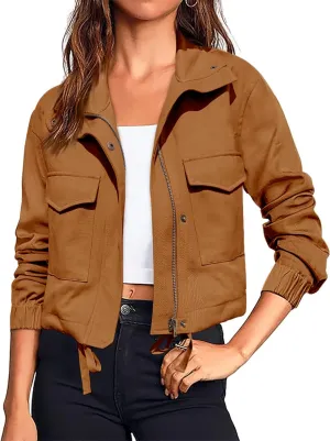 Tankaneo Womens Casual Jackets Cropped Long Sleeve Zip Up Lightweight Coat with Pockets