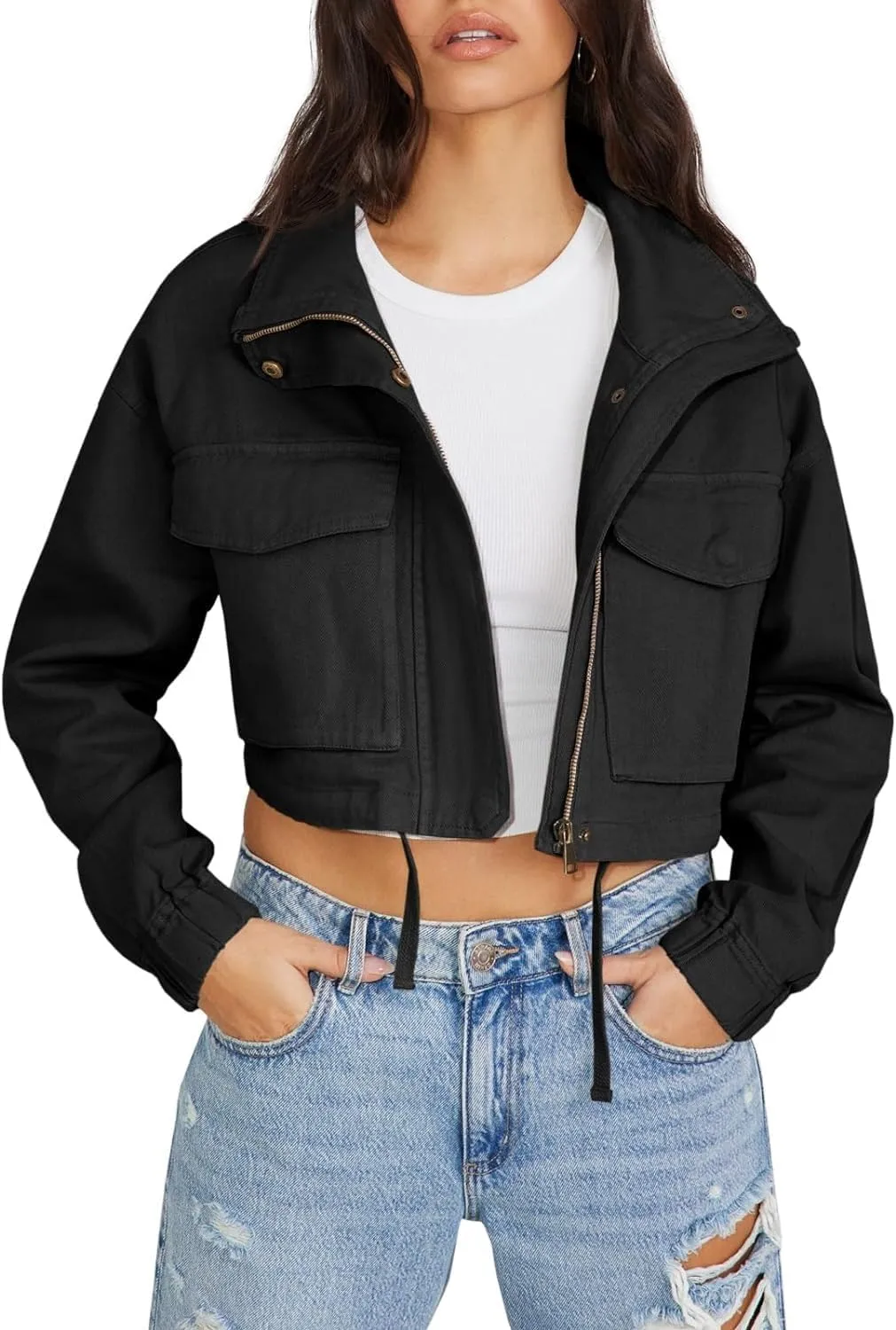 Tankaneo Womens Casual Jackets Cropped Long Sleeve Zip Up Lightweight Coat with Pockets