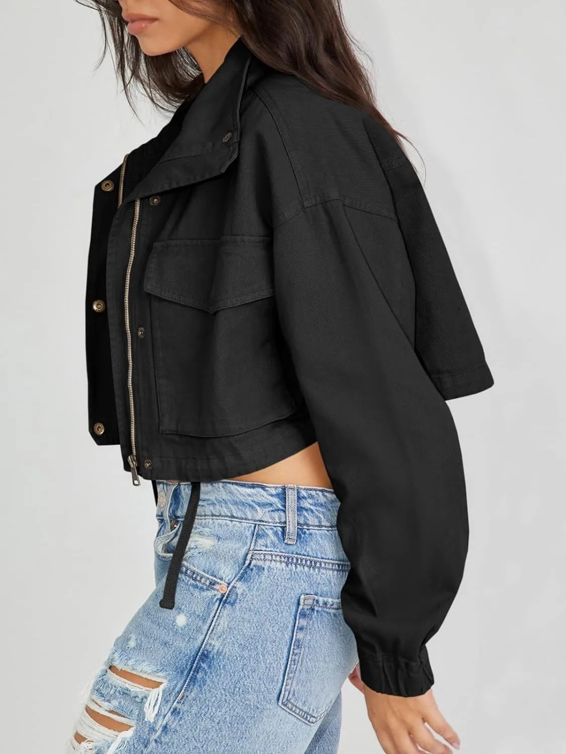 Tankaneo Womens Casual Jackets Cropped Long Sleeve Zip Up Lightweight Coat with Pockets