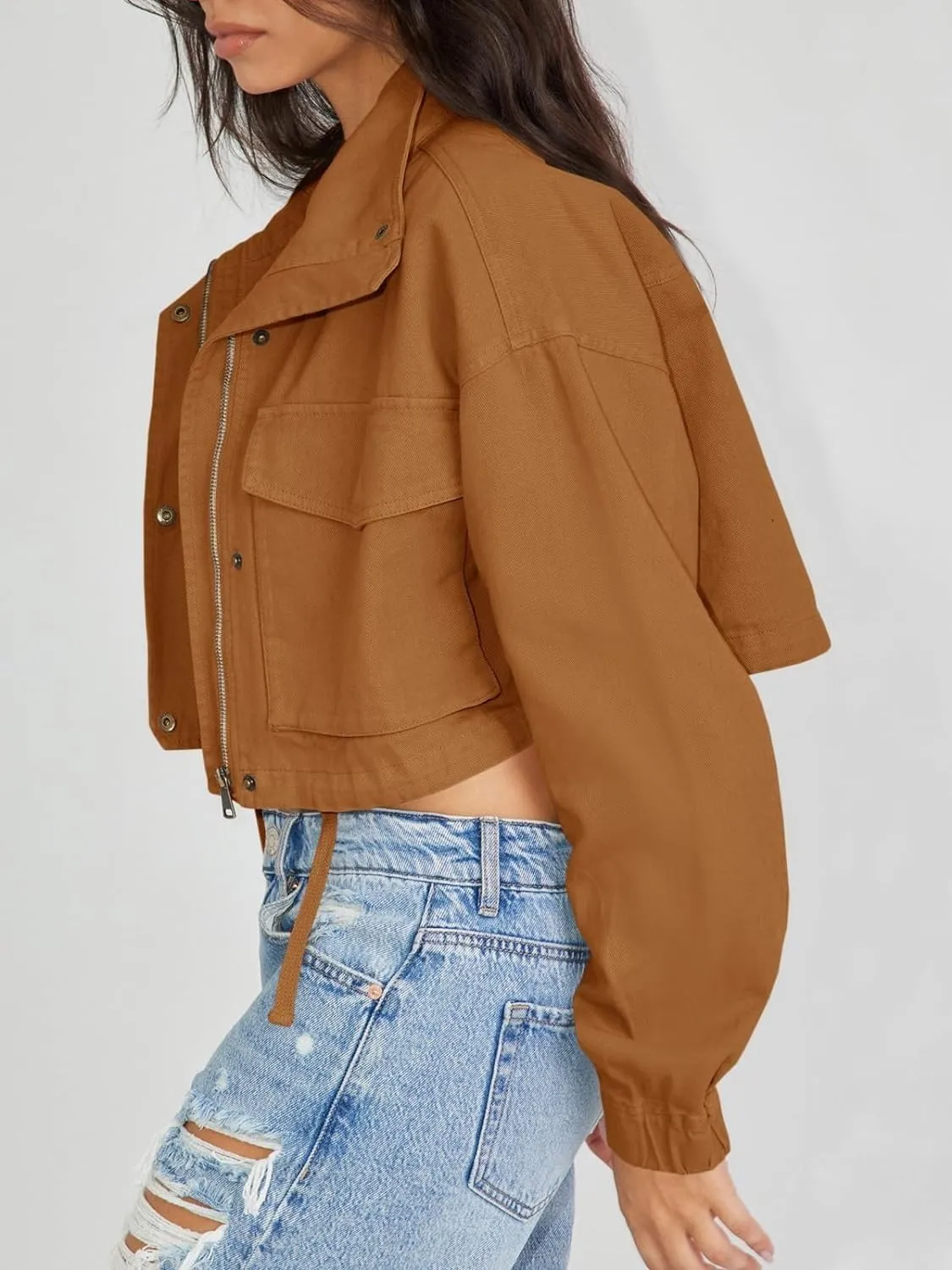 Tankaneo Womens Casual Jackets Cropped Long Sleeve Zip Up Lightweight Coat with Pockets