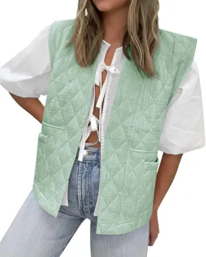 Tankaneo Womens Puffer Vest Sleeveless Open Front Quilted Jacket Lightweight Padded Gilet Coat with Pockets
