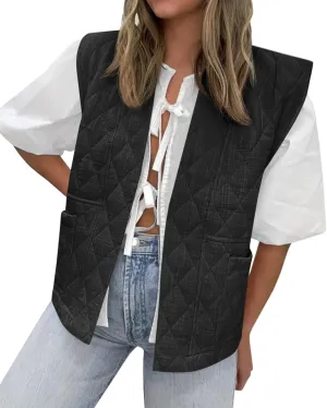 Tankaneo Womens Puffer Vest Sleeveless Open Front Quilted Jacket Lightweight Padded Gilet Coat with Pockets