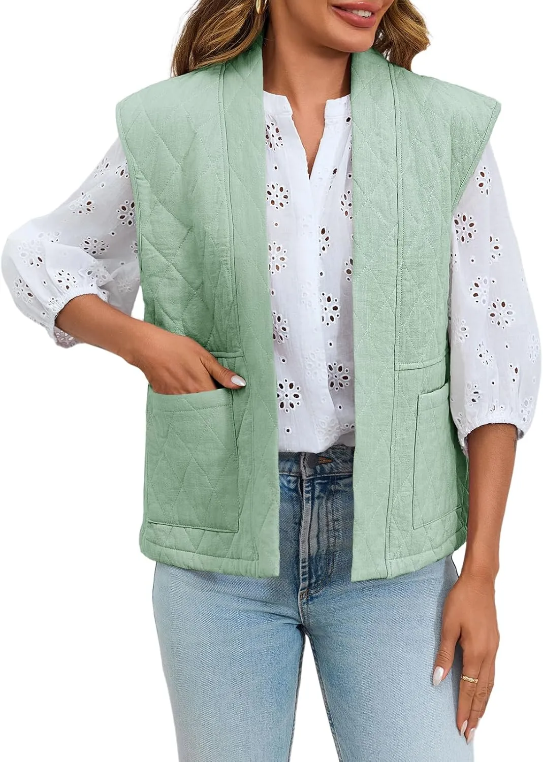 Tankaneo Womens Puffer Vest Sleeveless Open Front Quilted Jacket Lightweight Padded Gilet Coat with Pockets