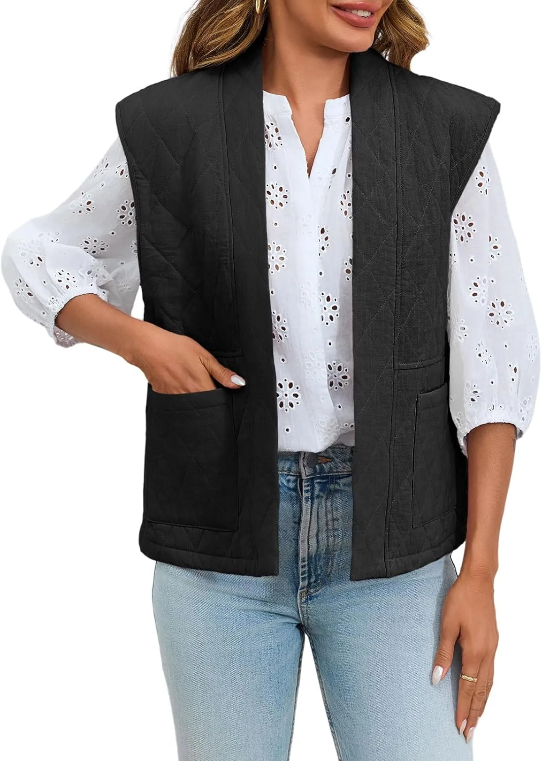 Tankaneo Womens Puffer Vest Sleeveless Open Front Quilted Jacket Lightweight Padded Gilet Coat with Pockets