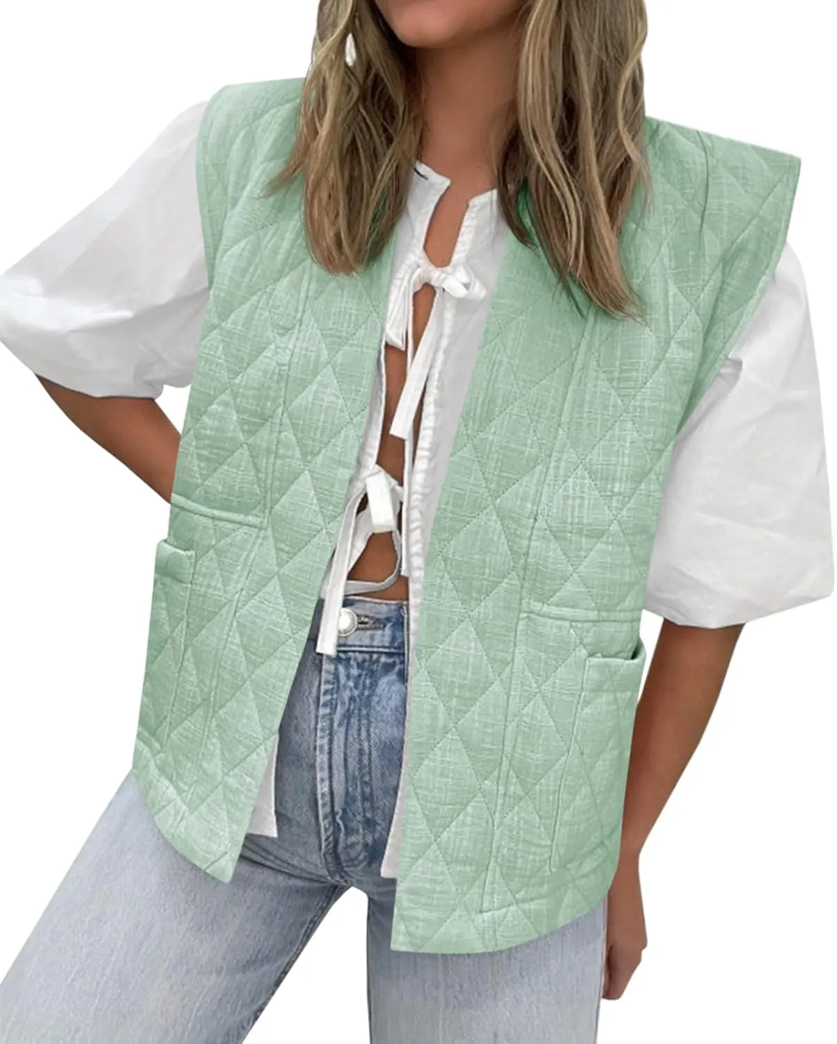 Tankaneo Womens Puffer Vest Sleeveless Open Front Quilted Jacket Lightweight Padded Gilet Coat with Pockets