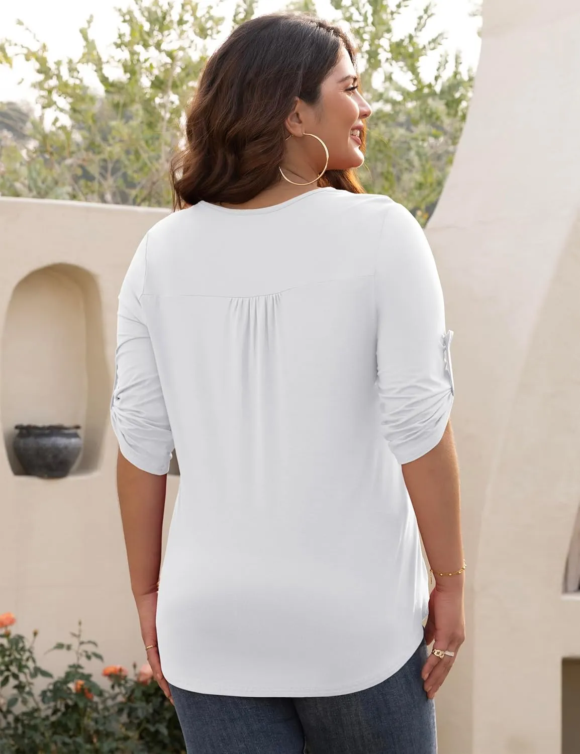 Tralilbee Women's Plus Size Tunic Tops 3/4 Roll Sleeve Shirts Lace Crochet V Neck Casual Blouses
