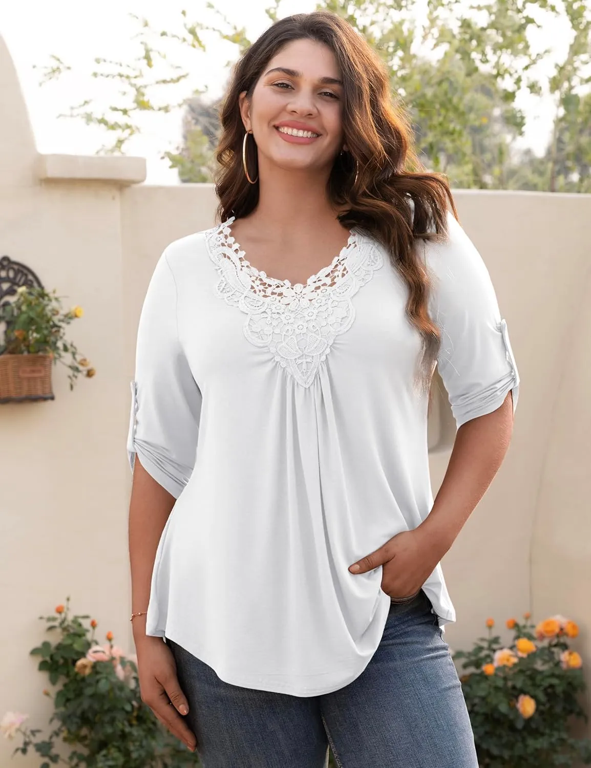 Tralilbee Women's Plus Size Tunic Tops 3/4 Roll Sleeve Shirts Lace Crochet V Neck Casual Blouses