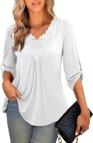 Tralilbee Women's Plus Size Tunic Tops 3/4 Roll Sleeve Shirts Lace Crochet V Neck Casual Blouses