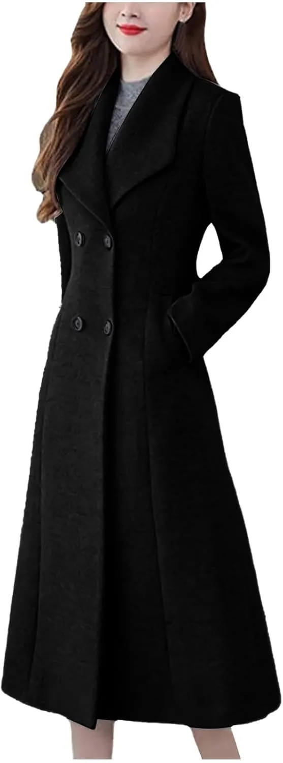 Trench Coat Women Elegant Wool Pea Coat Lapel Collar Double Breasted Overcoats Winter Warm Long Dress Coats