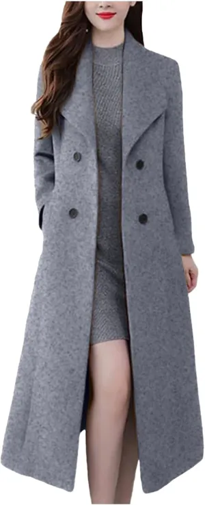 Trench Coat Women Elegant Wool Pea Coat Lapel Collar Double Breasted Overcoats Winter Warm Long Dress Coats