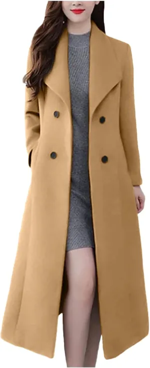 Trench Coat Women Elegant Wool Pea Coat Lapel Collar Double Breasted Overcoats Winter Warm Long Dress Coats