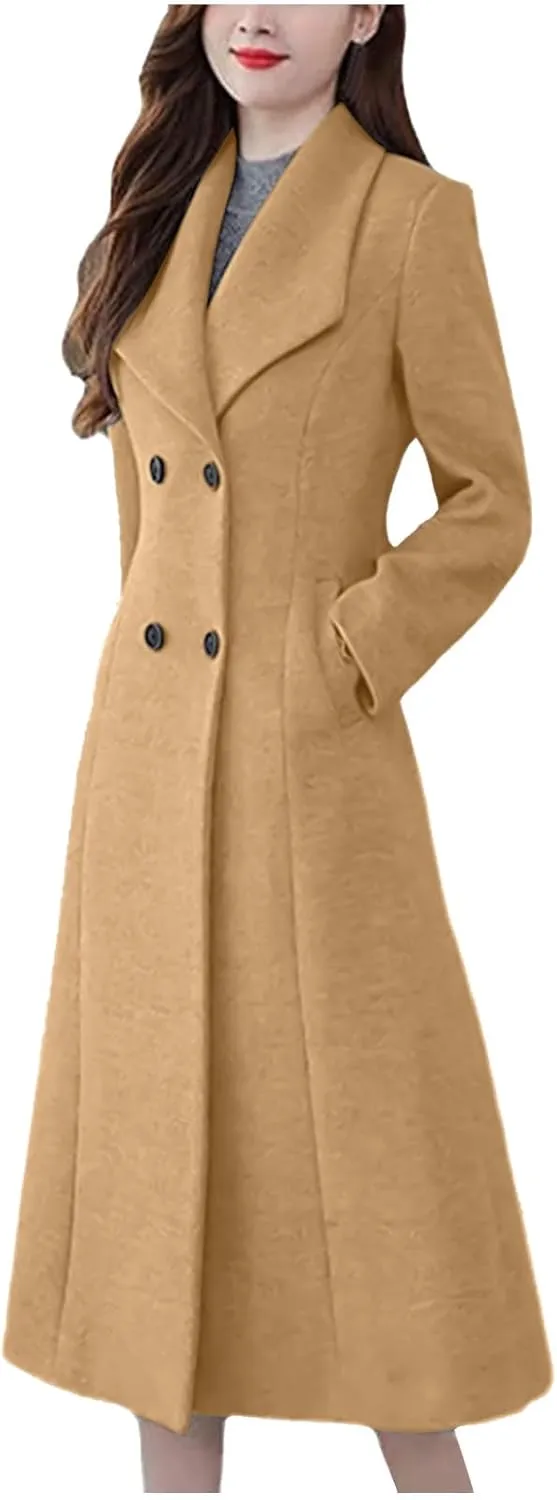 Trench Coat Women Elegant Wool Pea Coat Lapel Collar Double Breasted Overcoats Winter Warm Long Dress Coats