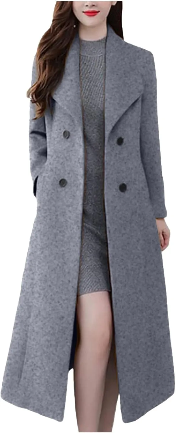 Trench Coat Women Elegant Wool Pea Coat Lapel Collar Double Breasted Overcoats Winter Warm Long Dress Coats
