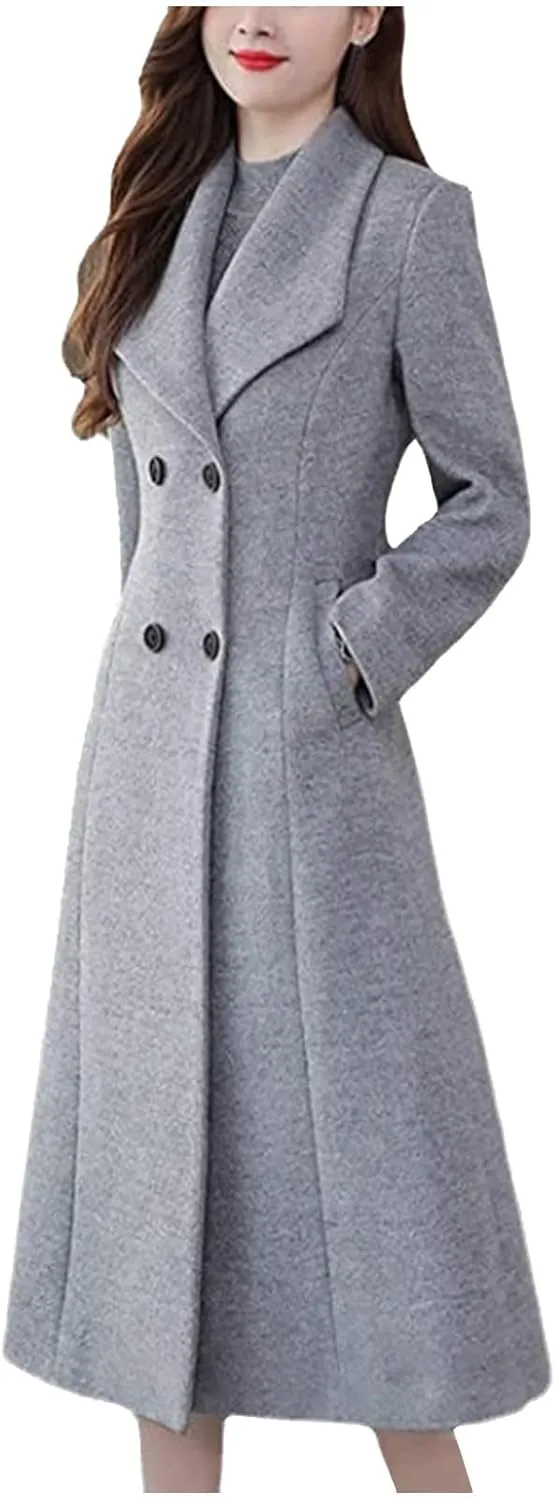 Trench Coat Women Elegant Wool Pea Coat Lapel Collar Double Breasted Overcoats Winter Warm Long Dress Coats