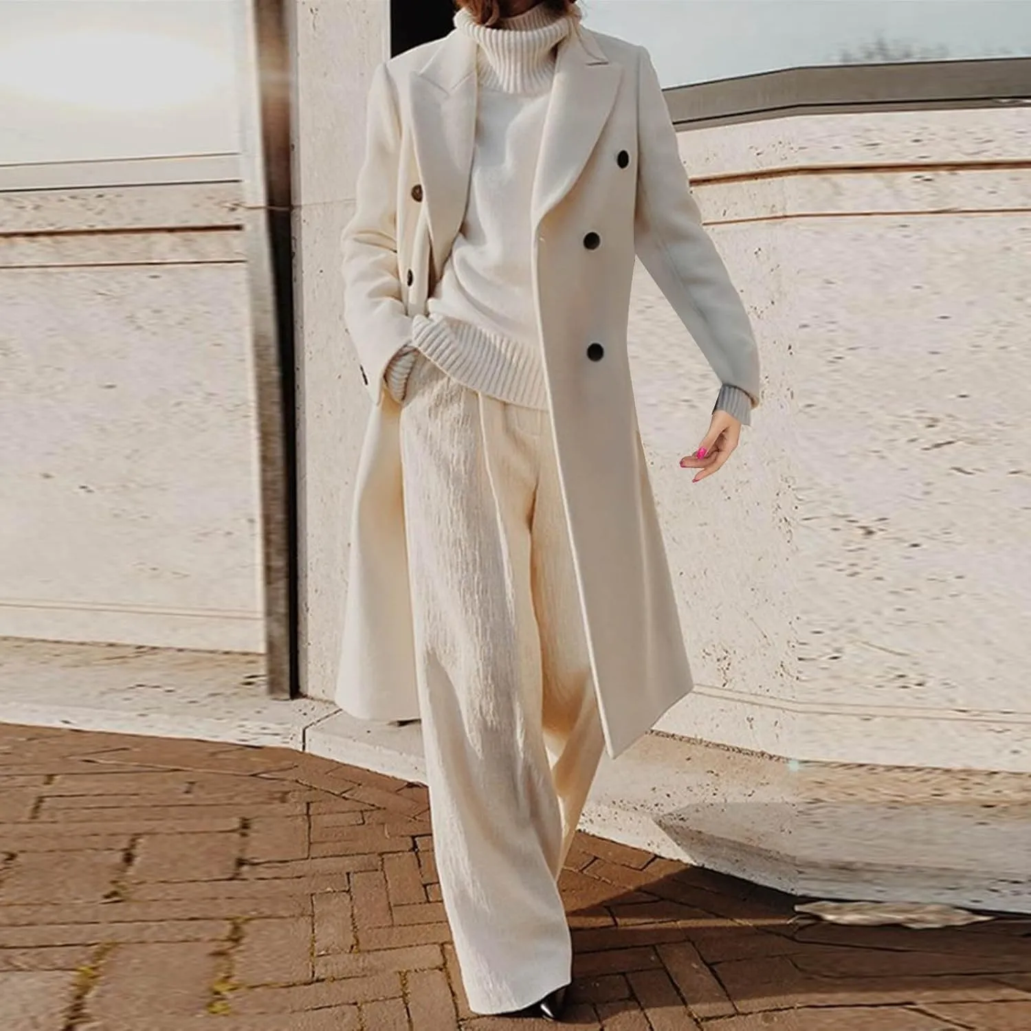 Trench Coats for Women Notched Collar Wool Blend Coats Dressy Open Front Belted Long Pea Coat Fall Winter Overcoat