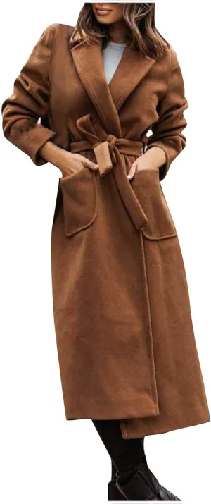 Trench Coats for Women Notched Collar Wool Blend Coats Dressy Open Front Belted Long Pea Coat Fall Winter Overcoat