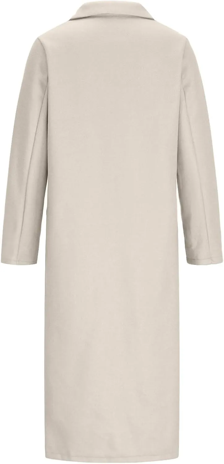 Trench Coats for Women Notched Collar Wool Blend Coats Dressy Open Front Belted Long Pea Coat Fall Winter Overcoat