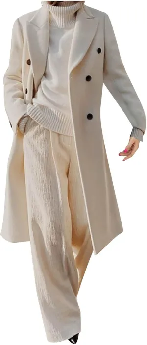 Trench Coats for Women Notched Collar Wool Blend Coats Dressy Open Front Belted Long Pea Coat Fall Winter Overcoat
