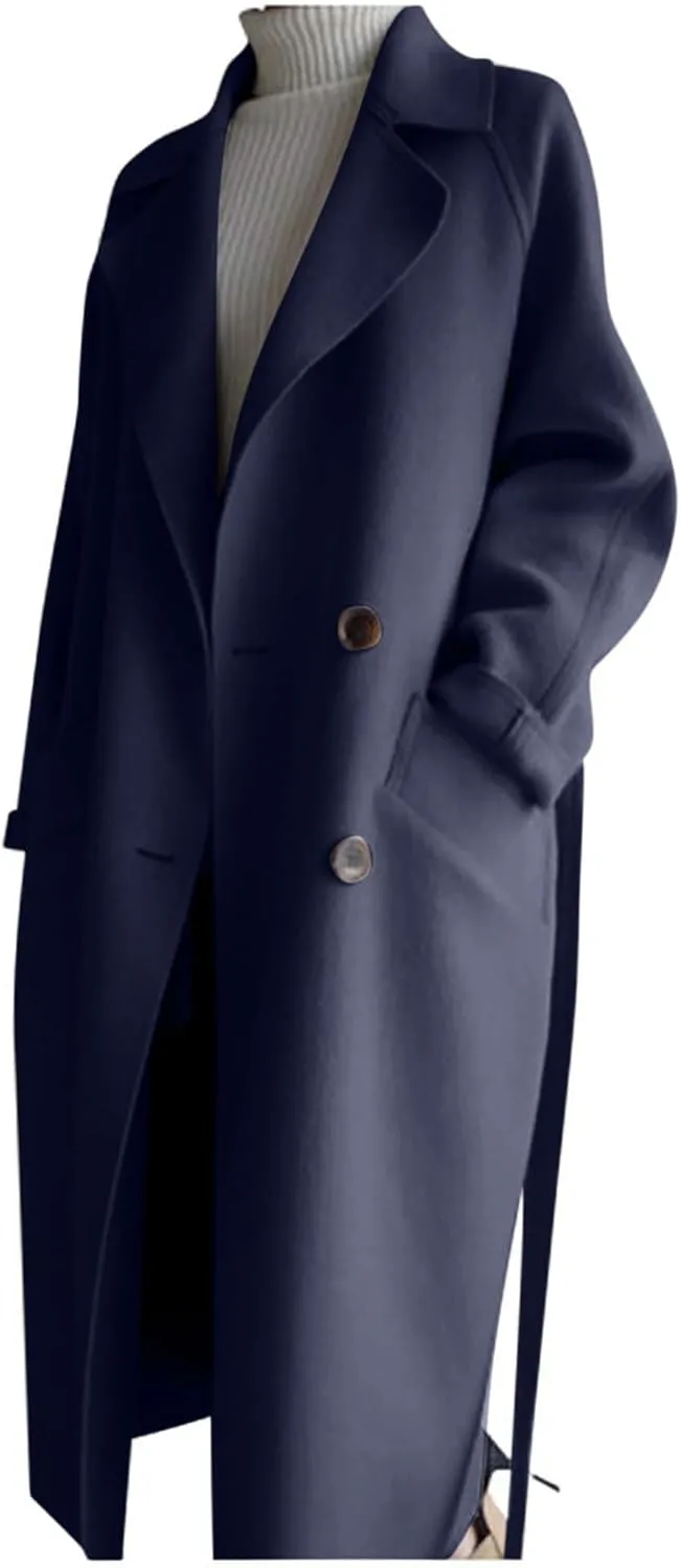 Trench Coats for Women Notched Collar Wool Blend Coats Dressy Open Front Belted Long Pea Coat Fall Winter Overcoat