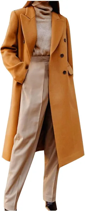 Trench Coats for Women Notched Collar Wool Blend Coats Dressy Open Front Belted Long Pea Coat Fall Winter Overcoat