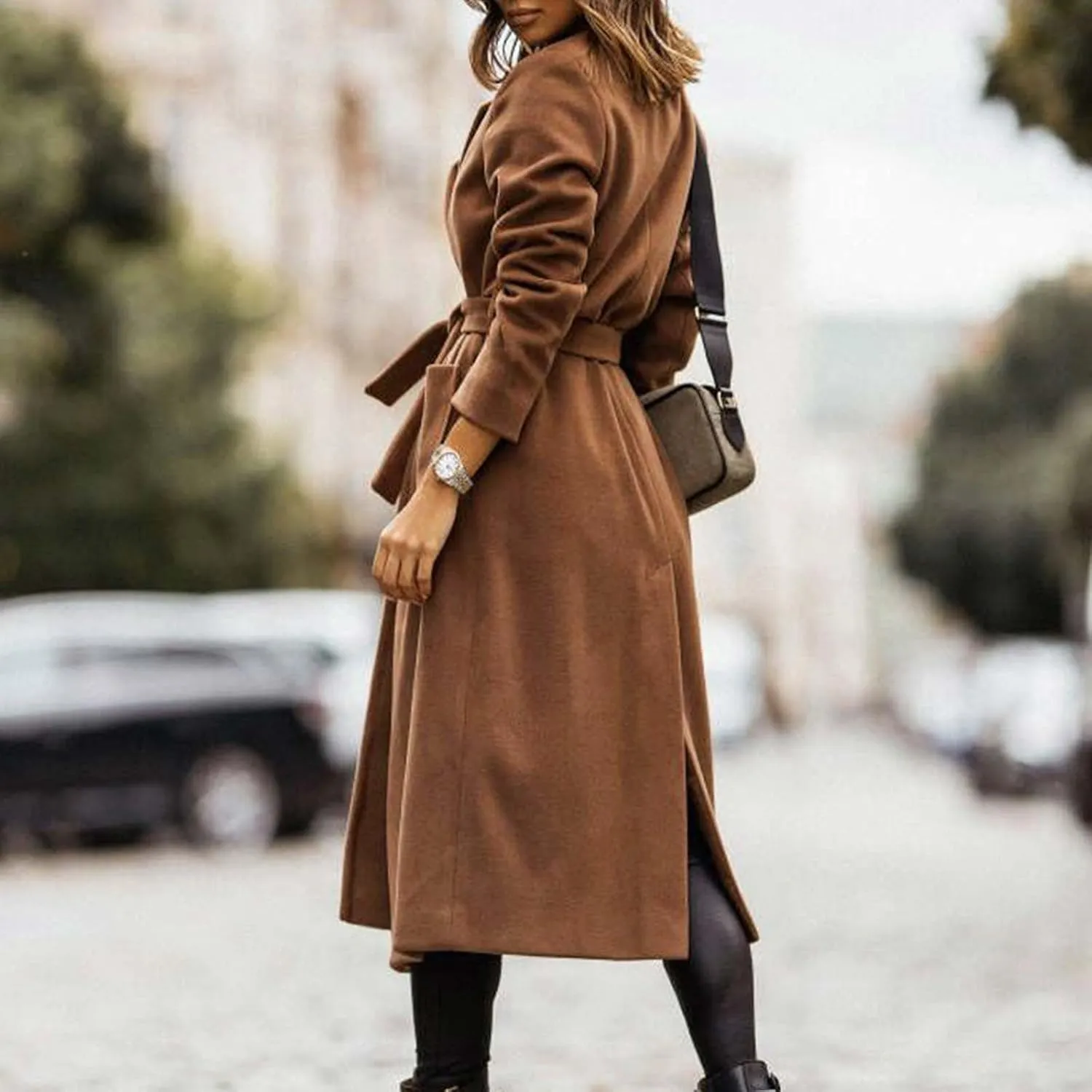 Trench Coats for Women Notched Collar Wool Blend Coats Dressy Open Front Belted Long Pea Coat Fall Winter Overcoat