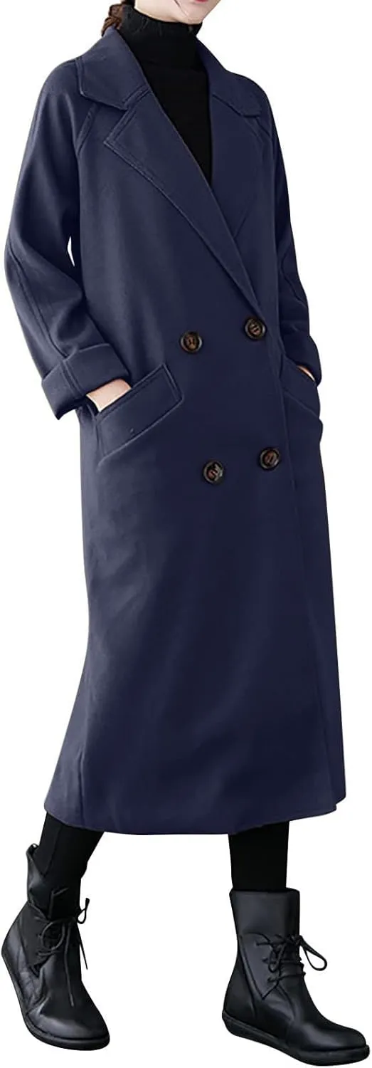 Trench Coats for Women Notched Collar Wool Blend Coats Dressy Open Front Belted Long Pea Coat Fall Winter Overcoat