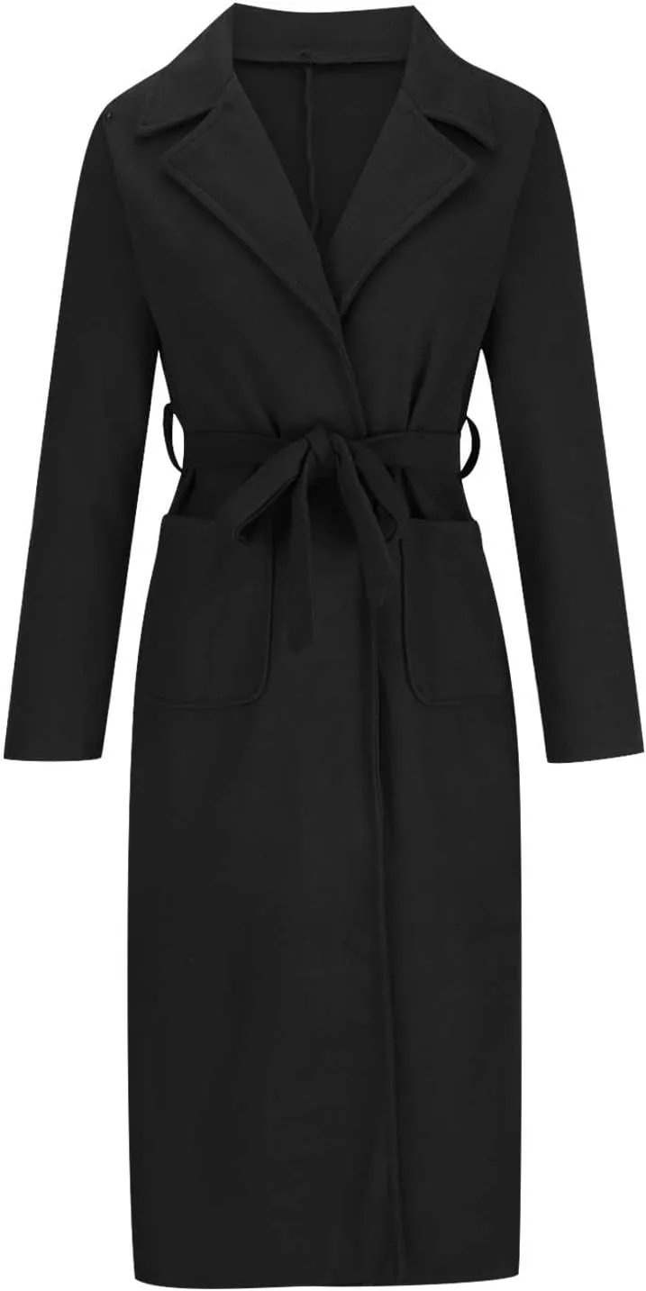 Trench Coats for Women Notched Collar Wool Blend Coats Dressy Open Front Belted Long Pea Coat Fall Winter Overcoat