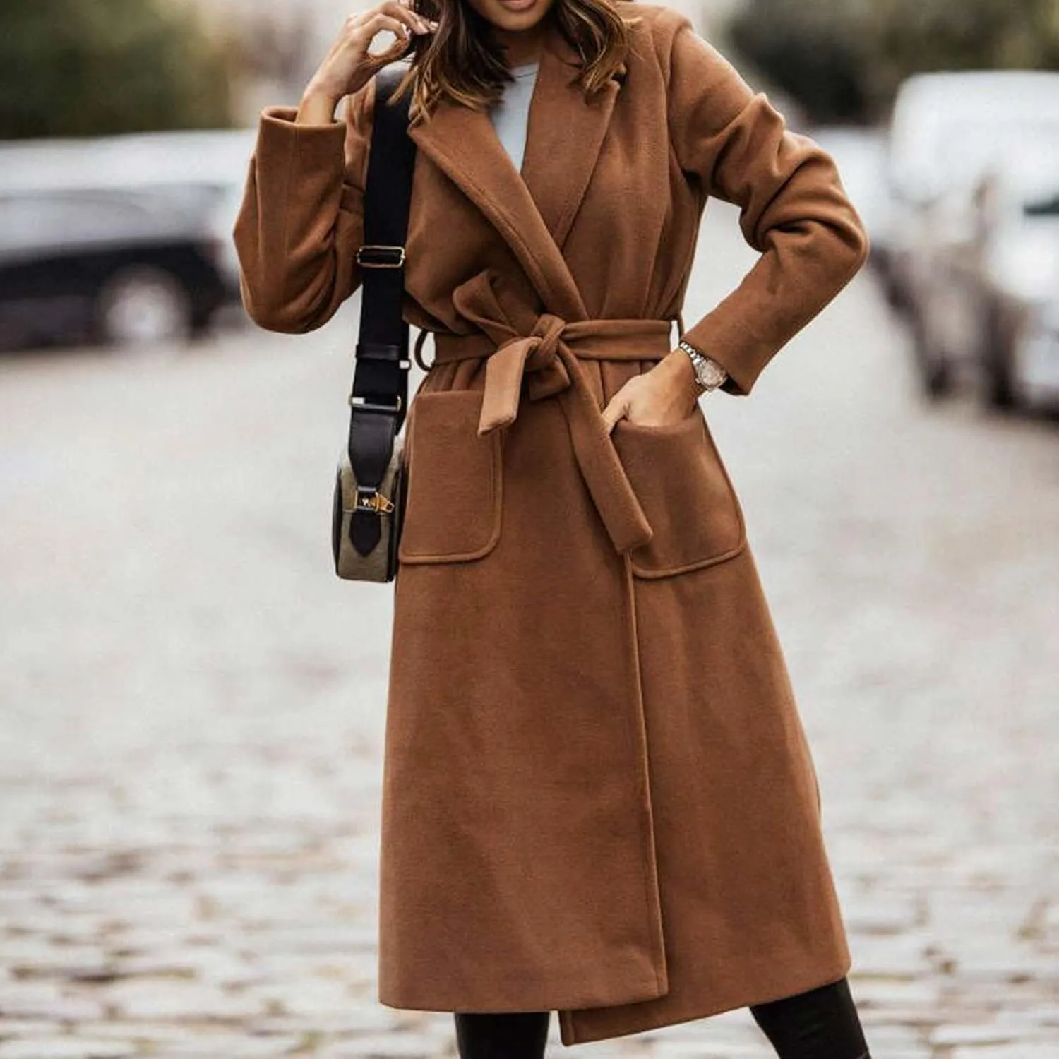 Trench Coats for Women Notched Collar Wool Blend Coats Dressy Open Front Belted Long Pea Coat Fall Winter Overcoat