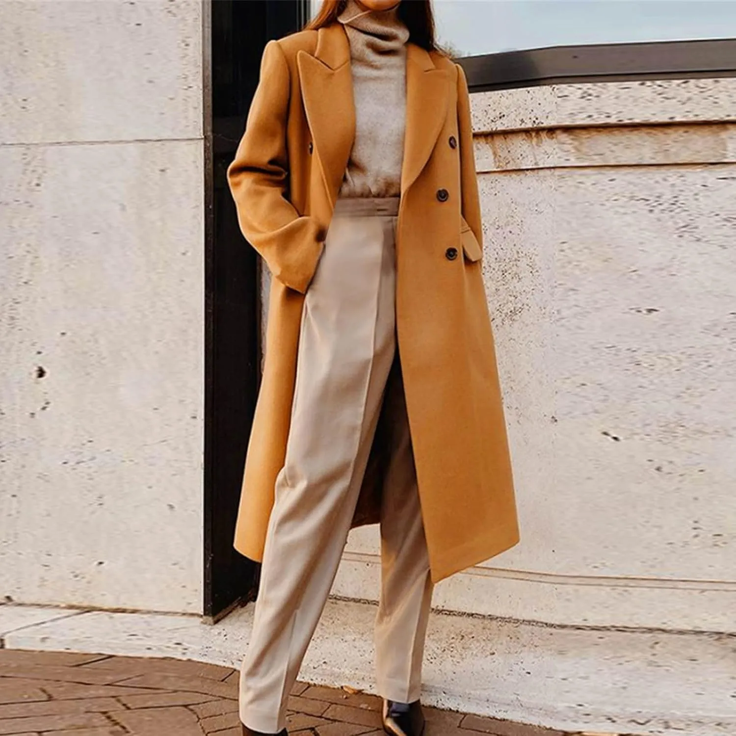 Trench Coats for Women Notched Collar Wool Blend Coats Dressy Open Front Belted Long Pea Coat Fall Winter Overcoat