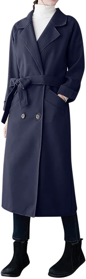 Trench Coats for Women Notched Collar Wool Blend Coats Dressy Open Front Belted Long Pea Coat Fall Winter Overcoat