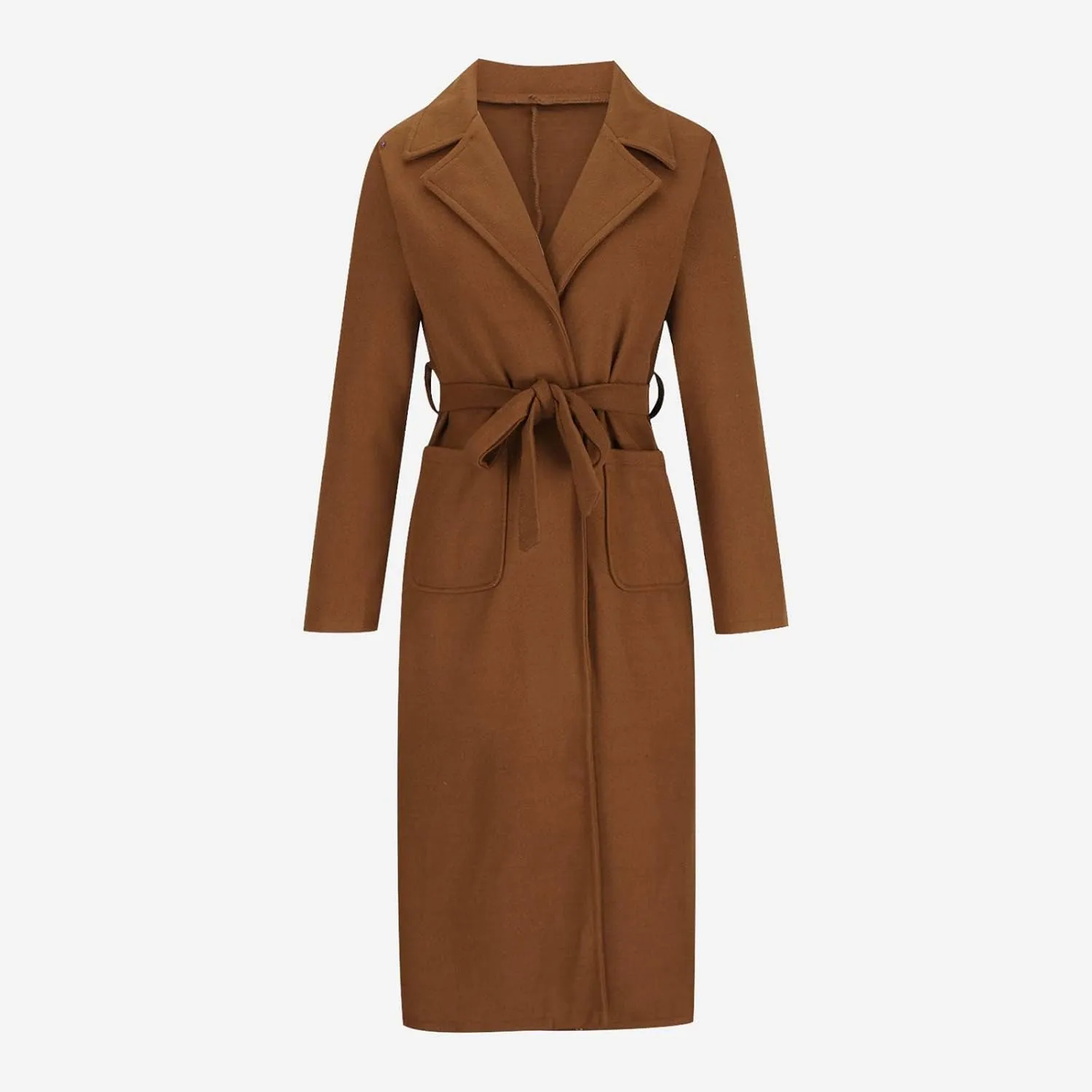 Trench Coats for Women Notched Collar Wool Blend Coats Dressy Open Front Belted Long Pea Coat Fall Winter Overcoat