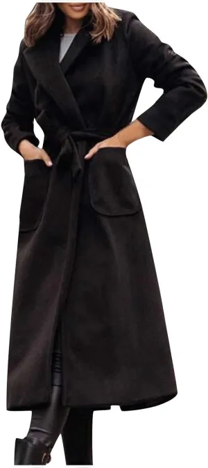 Trench Coats for Women Notched Collar Wool Blend Coats Dressy Open Front Belted Long Pea Coat Fall Winter Overcoat