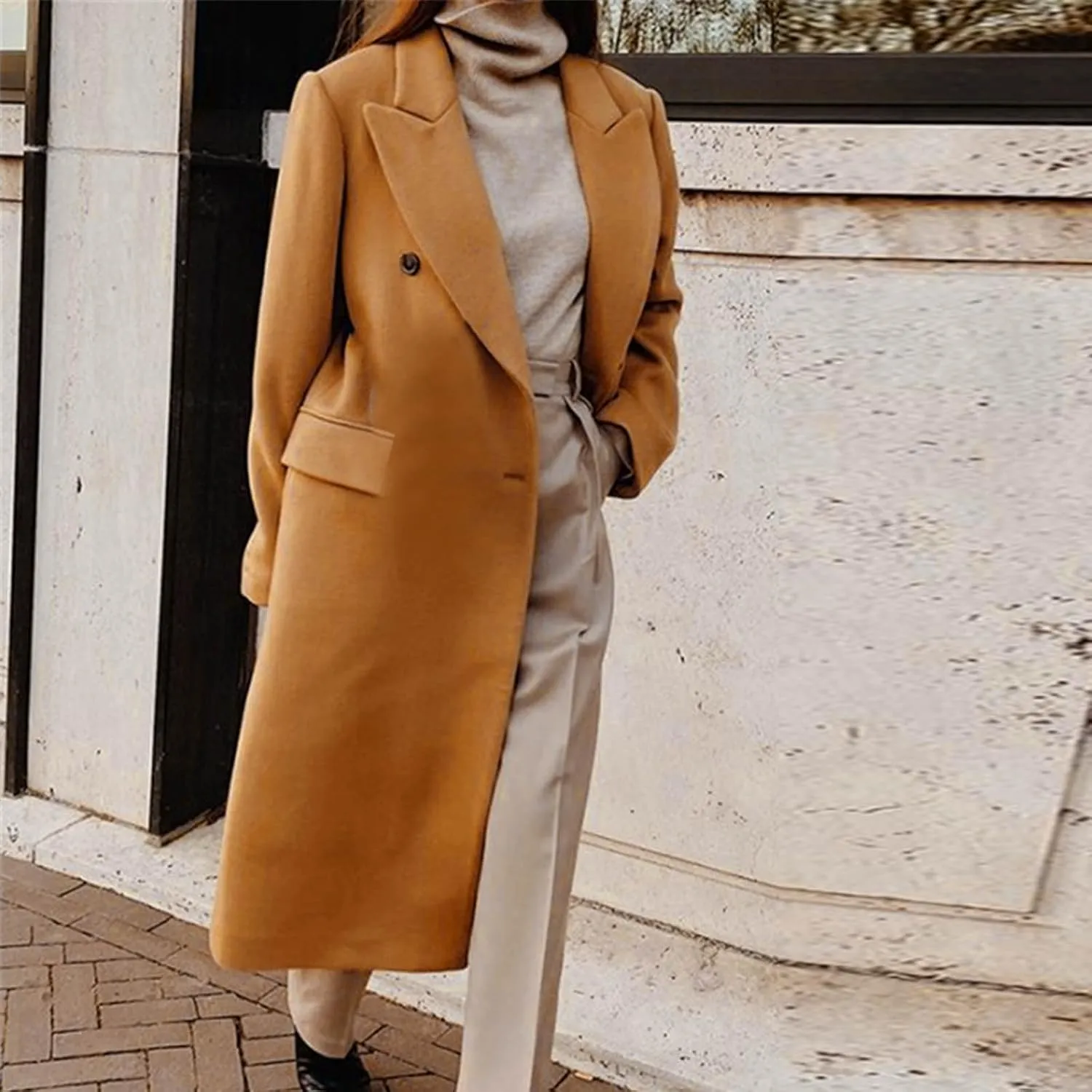 Trench Coats for Women Notched Collar Wool Blend Coats Dressy Open Front Belted Long Pea Coat Fall Winter Overcoat