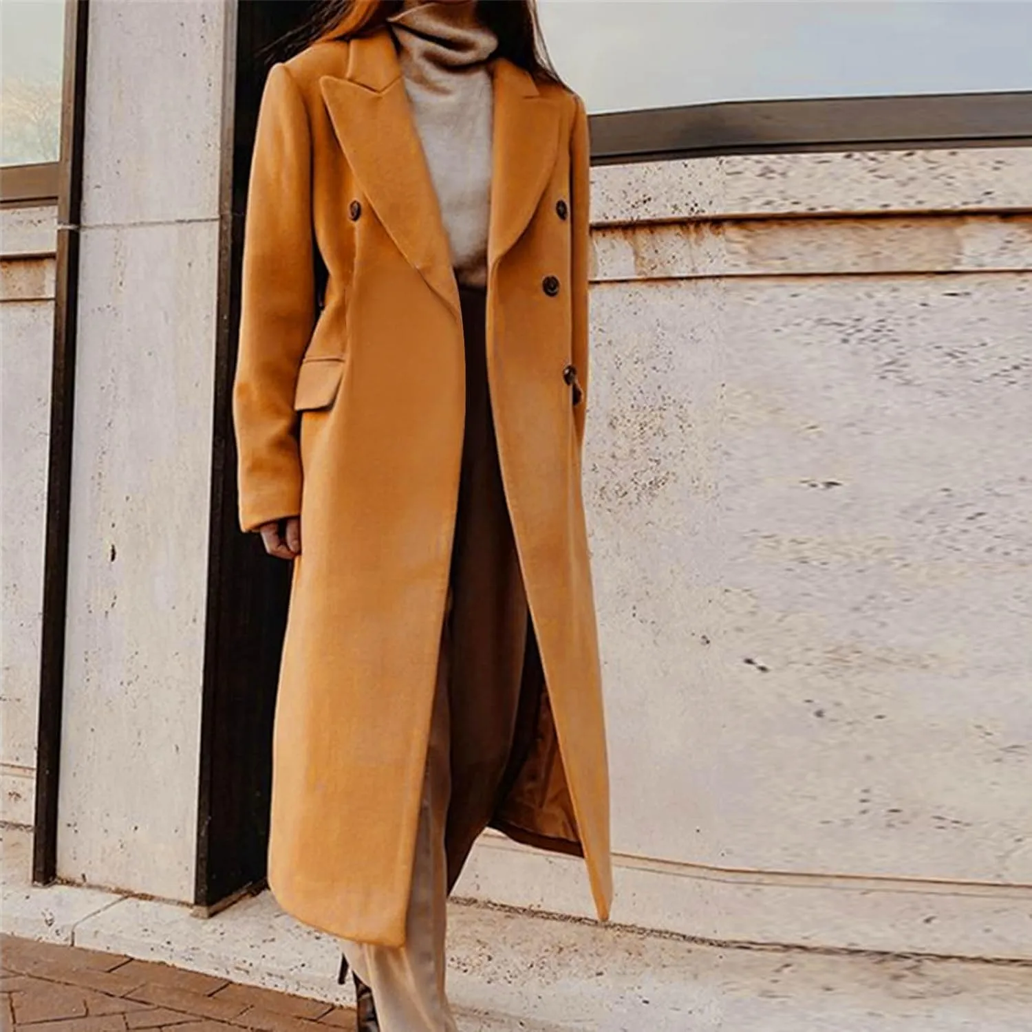 Trench Coats for Women Notched Collar Wool Blend Coats Dressy Open Front Belted Long Pea Coat Fall Winter Overcoat