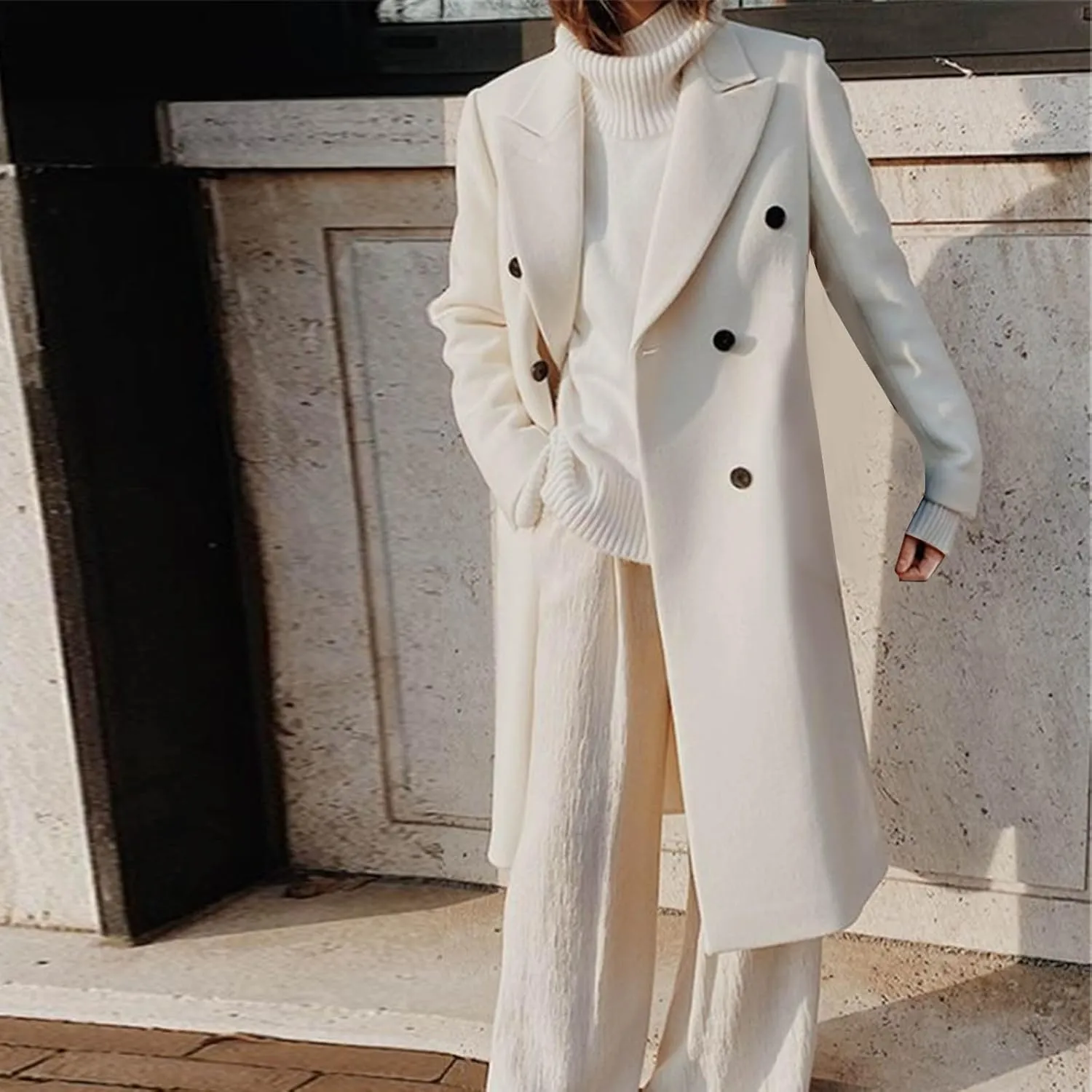 Trench Coats for Women Notched Collar Wool Blend Coats Dressy Open Front Belted Long Pea Coat Fall Winter Overcoat