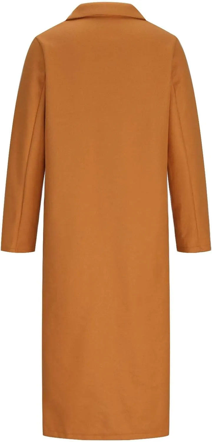 Trench Coats for Women Notched Collar Wool Blend Coats Dressy Open Front Belted Long Pea Coat Fall Winter Overcoat