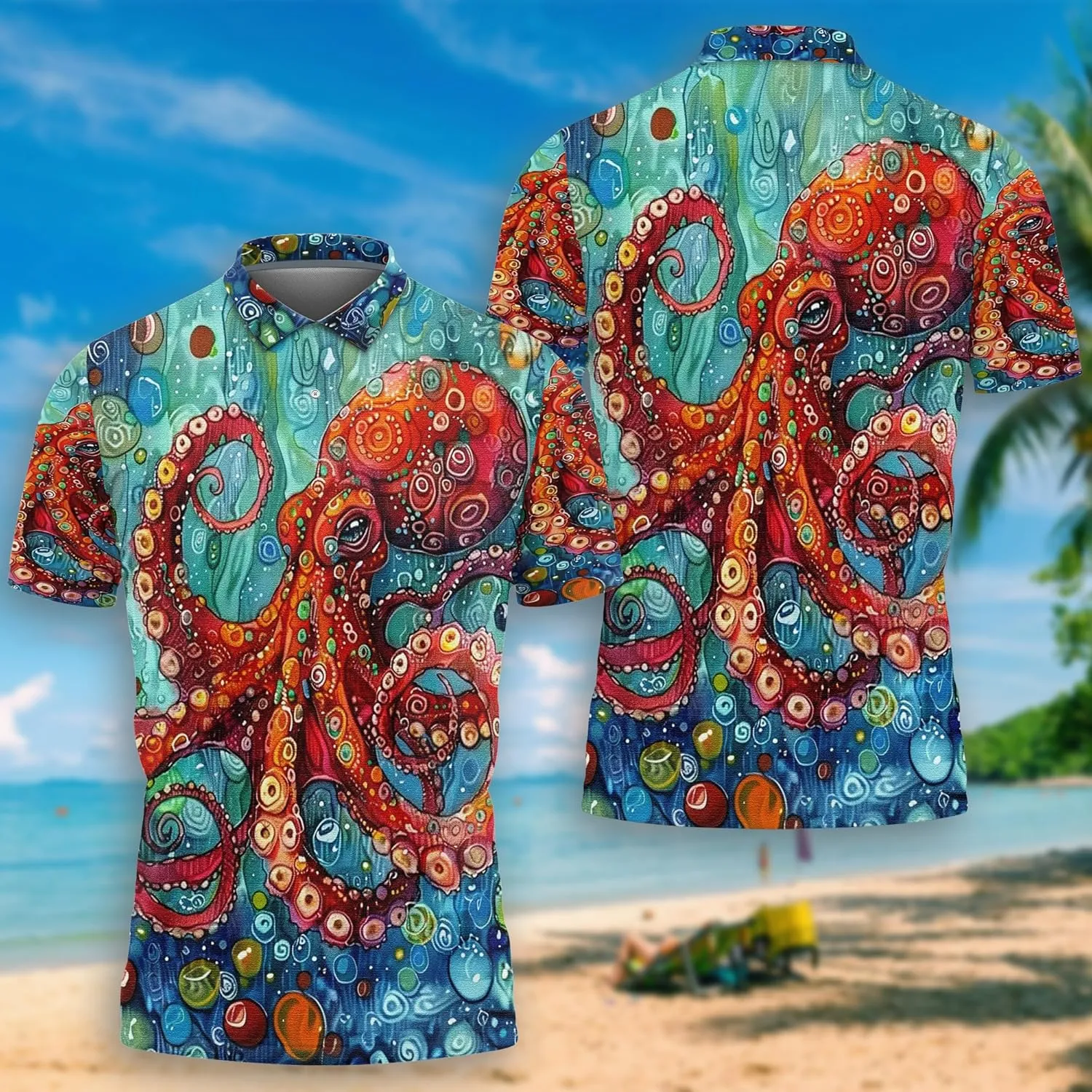 Tropical Ocean Polo Shirts for Men - Short Sleeve Golf Shirts Ocean Lover Mens Polo T-Shirt Casual Style 06